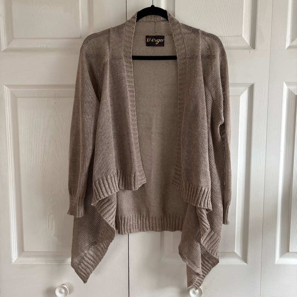 Virgo Linen Crochet Knit Open Front Cardigan Cover Up Coastal Lagenlook Resort L